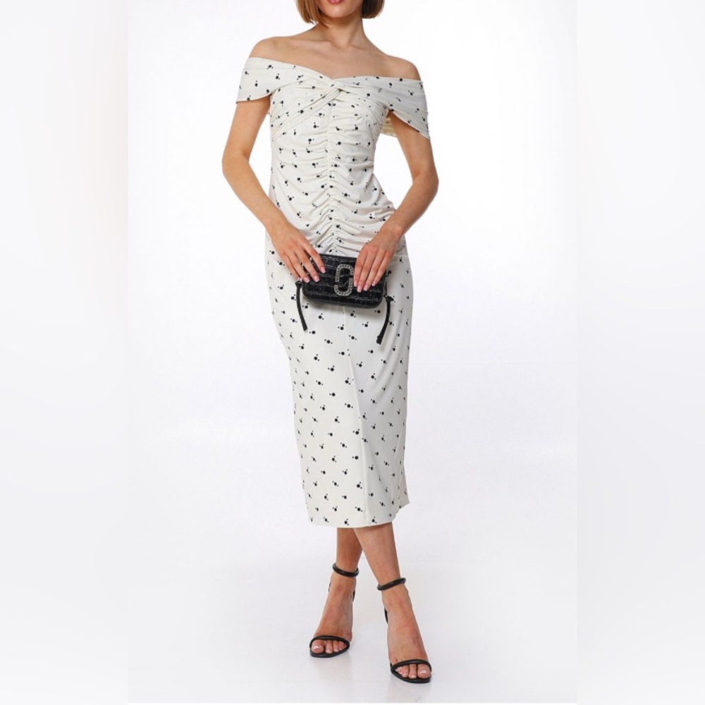 Self-Portrait Off-Shoulder Cream Midi Dress with Black Dot Print